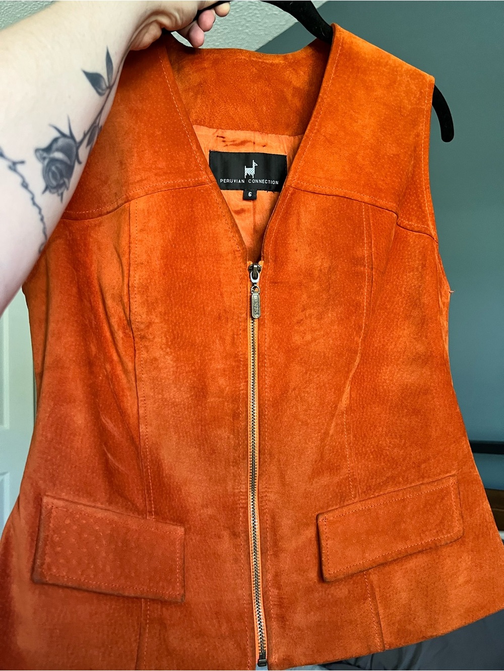Vintage Peruvian Connection Rust Orange Leather Zip-Up Vest Woman’s Size 6